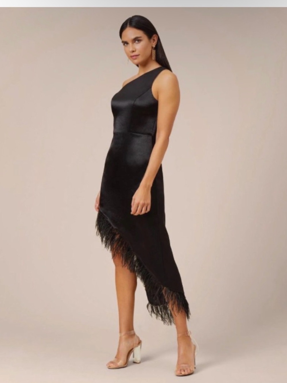 Aidan Mattox SZ 10 NWT Black One Shoulder Feather Trim Cocktail Midi Dress GALA